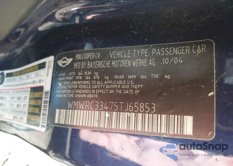 2005 Mini Cooper из США, поврежденный, VIN WMWRC33475TJ65853